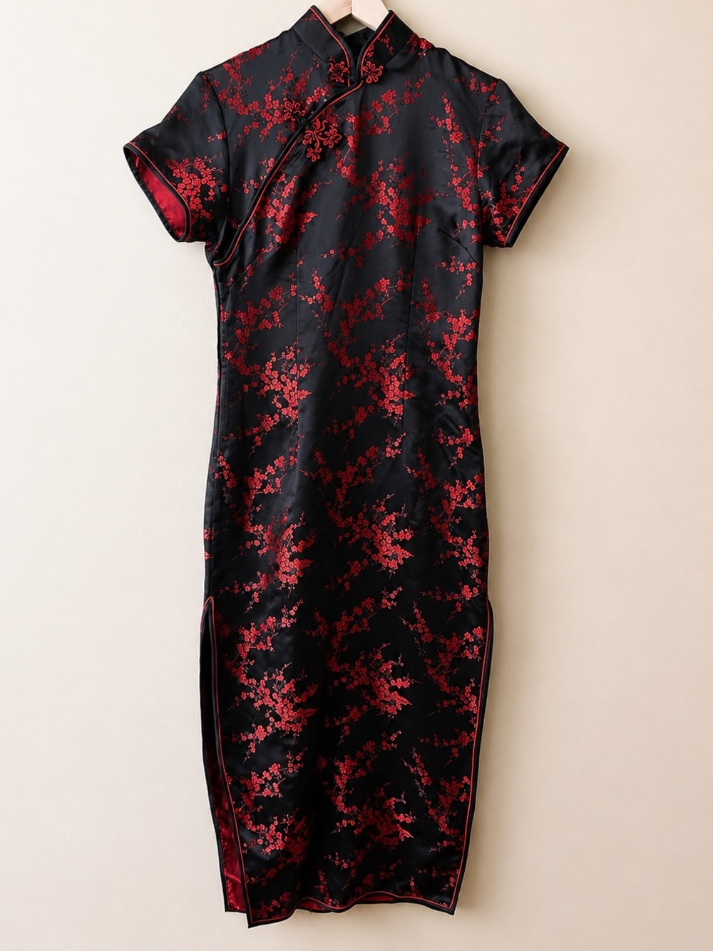Tang Yi Black Red Floral Jacquard Satin Cheongsam Qipao Dress Mandarin M